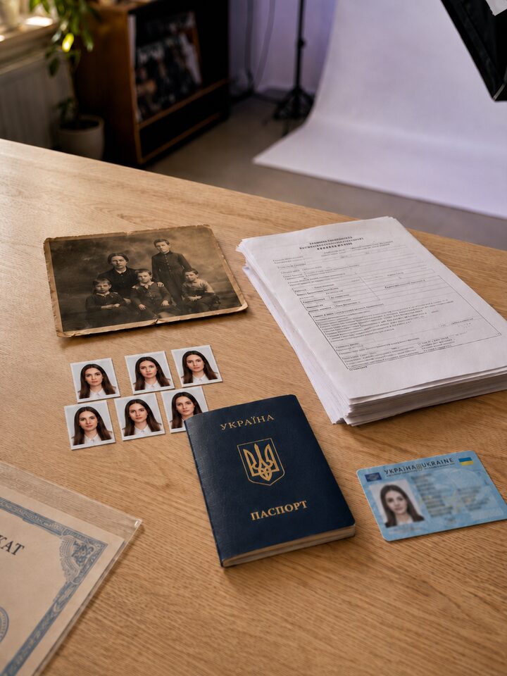 Послуги фотостудії FotoNik у Миколаєві: український біометричний паспорт із тризубом, ID-картка, набір фото 3х4 на документи, відреставрована старовинна сімейна фотографія, бланки А4 і сертифікат на робочому столі - на тлі студійного софтбоксу